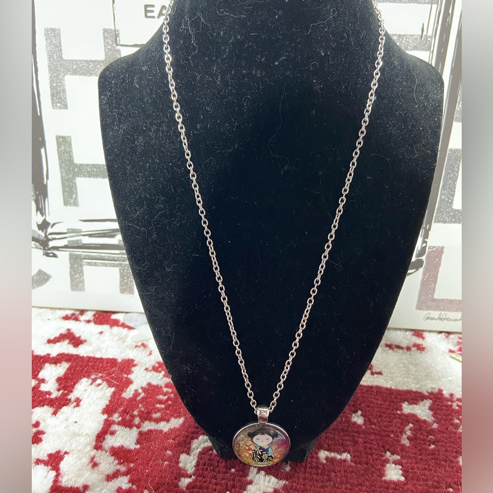 Japanese Kokeshi Doll Pendant Silver Tone Necklace